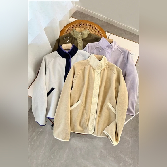 Double Take Snap Down Contrast Fleece Jacket with Pockets - Picture 4 of 6